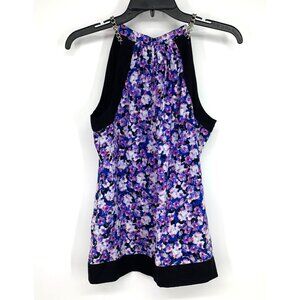 Cache Silk Top Floral Print Sleeveless Chain Halter Black Purple